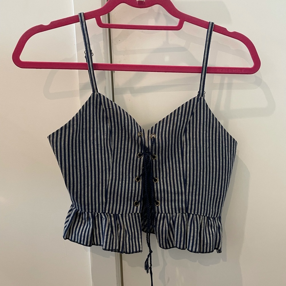 LF one way blue & grey striped lace up top